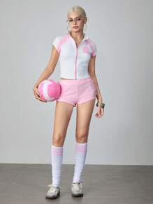 ROMWE Avant Quần short thể thao ren ballet gợi cảm lãng mạn dành cho nữ, cạp thấp, thêu số - Hồng - Xem 4