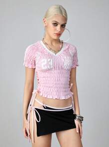ROMWE Avant Women's Numeric Print V-Neck Ruched Cropped Fashion T-Shirt - Pink - View 4