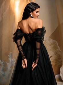 Glamrae Elegant And Luxurious Black Detachable Sleeves Off- Shoulder Sexy Sequins Mesh Puff Sleeves Corset Long Dress, Suitable For Weddings, Parties, Vacations, Dances, Celebrations, Evening Dress, Party Dress, Wedding Guest Dress, Formal Dress, Gown, Halloween - Black - View 6
