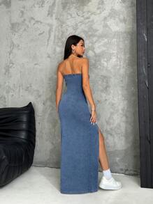 SHEIN ICON 女士紧身牛仔露肩中长连衣裙，蓝色高弹力高开叉牛仔布 - 中等水洗藍 - 查看 2