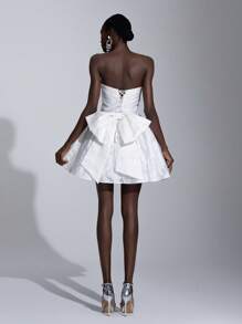 Elitara Vestido de satén con bustier elegante y lujoso con detalle de lazo oversize, adecuado para bodas, fiestas, vacaciones, banquetes y regalos de novia - Blanco - Ver 4