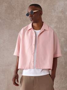 SUMWON 纹理纽扣衬衫短款设计现代简约宽松休闲夏季轻便办公室时尚领短袖街头时尚 - 粉色 - 查看 7