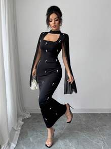 Elenzga Halloween Costume Patchwork Pearl Chiffon Bubble Dress, Elegant Fitted Style For Women Fall Cloth For Women - Black - View 6