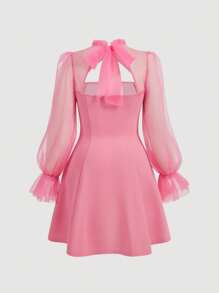 SHEIN MOD Plus Size Mesh Splicing Lace-Up Pink Dress - Watermelon Pink - View 2