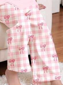 SHEIN Leap Crew Tween Girls Casual Check Bow Pattern Loose Round Neck Short Sleeve T-Shirt And Wide Leg Pants Homewear Set, Suitable For Summer - Multicolor - View 4