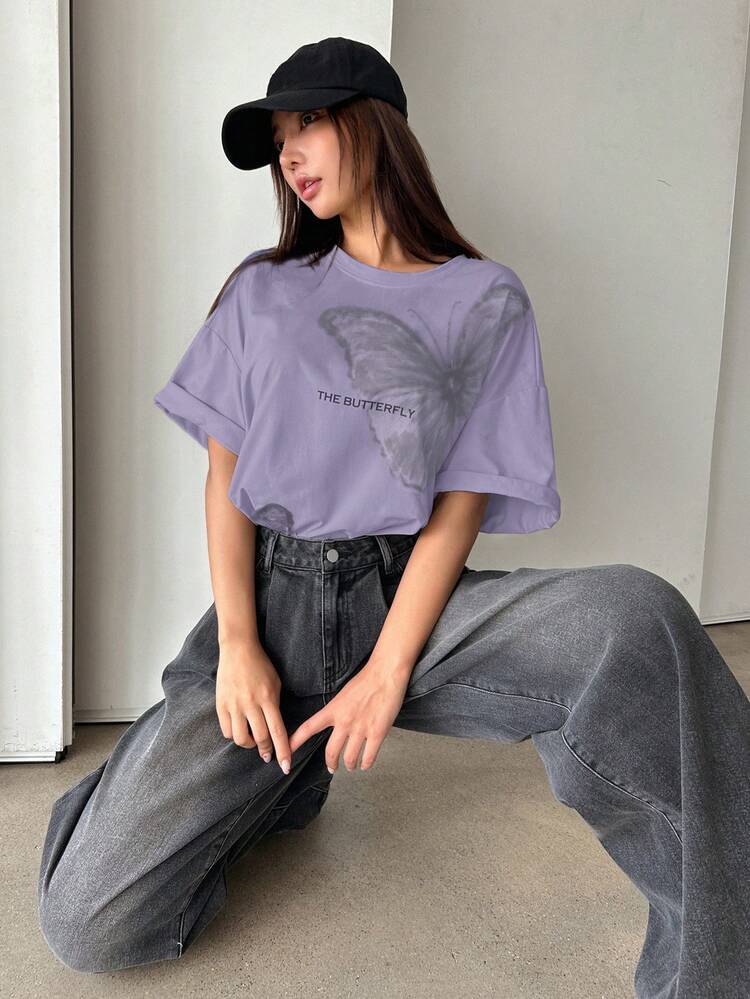 Butterfly Print Loose Casual Fashion Women T-Shirt Y2k Graphic Tee Oversized T-Shirt Preppy Tops