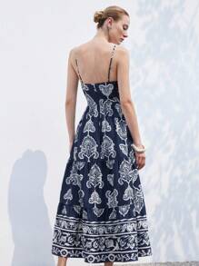 Aveloria Modichic Vintage Retro Printed V-Neck Sleeveless Loose Dress With Flared, Slimming, Suitable For Vacation At Beach, Color: Blue Base With White Retro Print