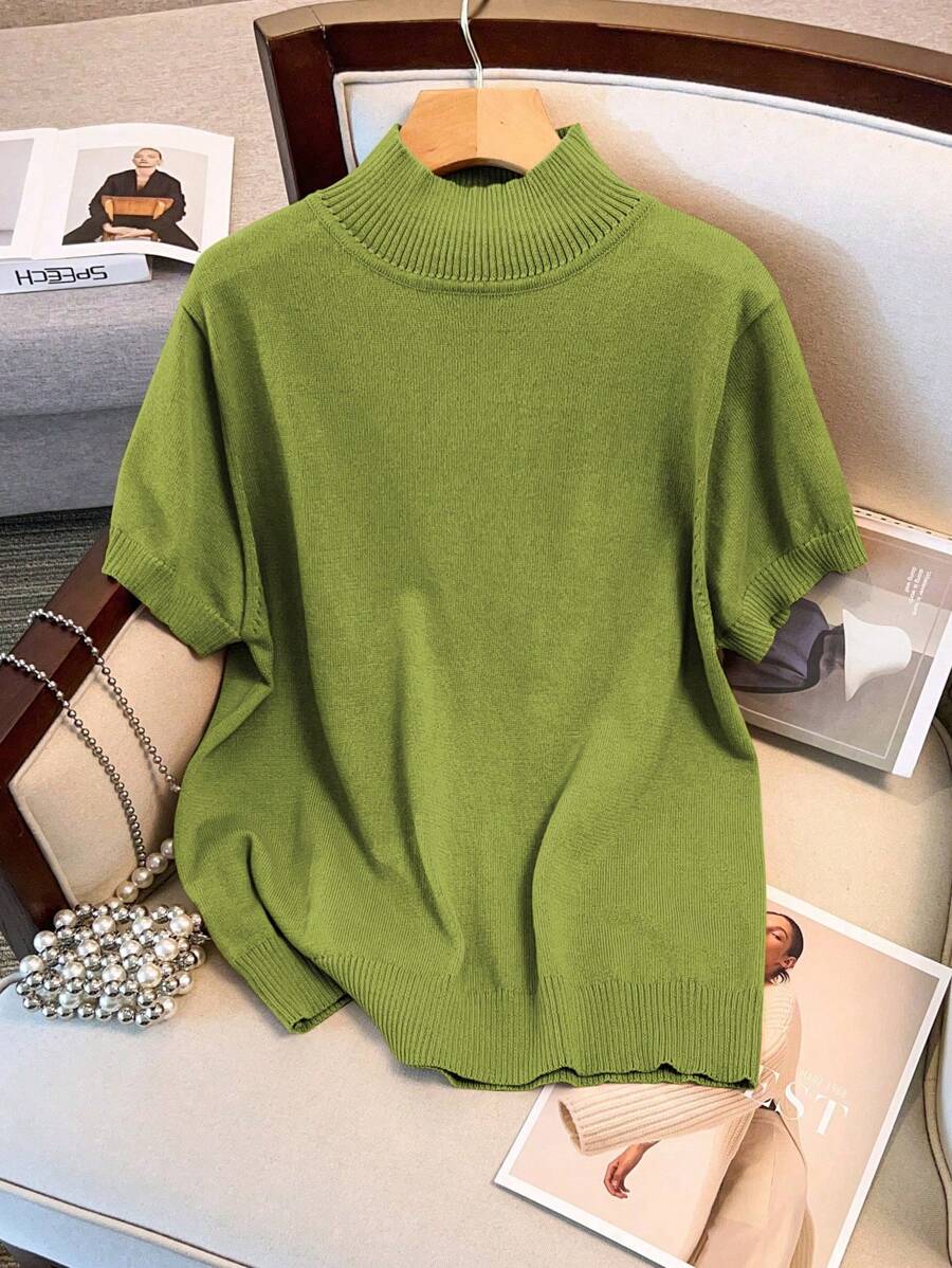 SHEIN LUNE Form-Fitting Knit Top Sweater Short Sleeve - Green - View 1
