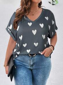 SHEIN LUNE 大码情人节心形印花蝙蝠袖 T 恤 - 淺灰色 - 查看 6