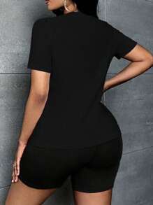 INAWLY 2 件套女士字母印花短袖上衣和短裤 - 黑色 - 查看 2