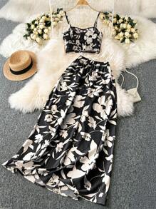 Chiquease Conjunto de 2 piezas de top con tirantes y volantes con estampado floral ditsy y minifalda, sexy mostrando el abdomen, para primavera y verano, ideal para vacaciones