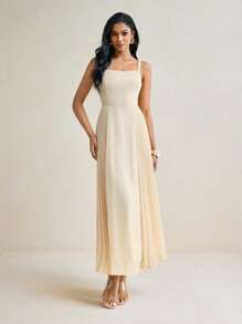 Harshal Khanderia 女士米色夏季纯色雪纺褶皱优雅长裙女士假日度假连衣裙 - 卡其色 - 查看 1