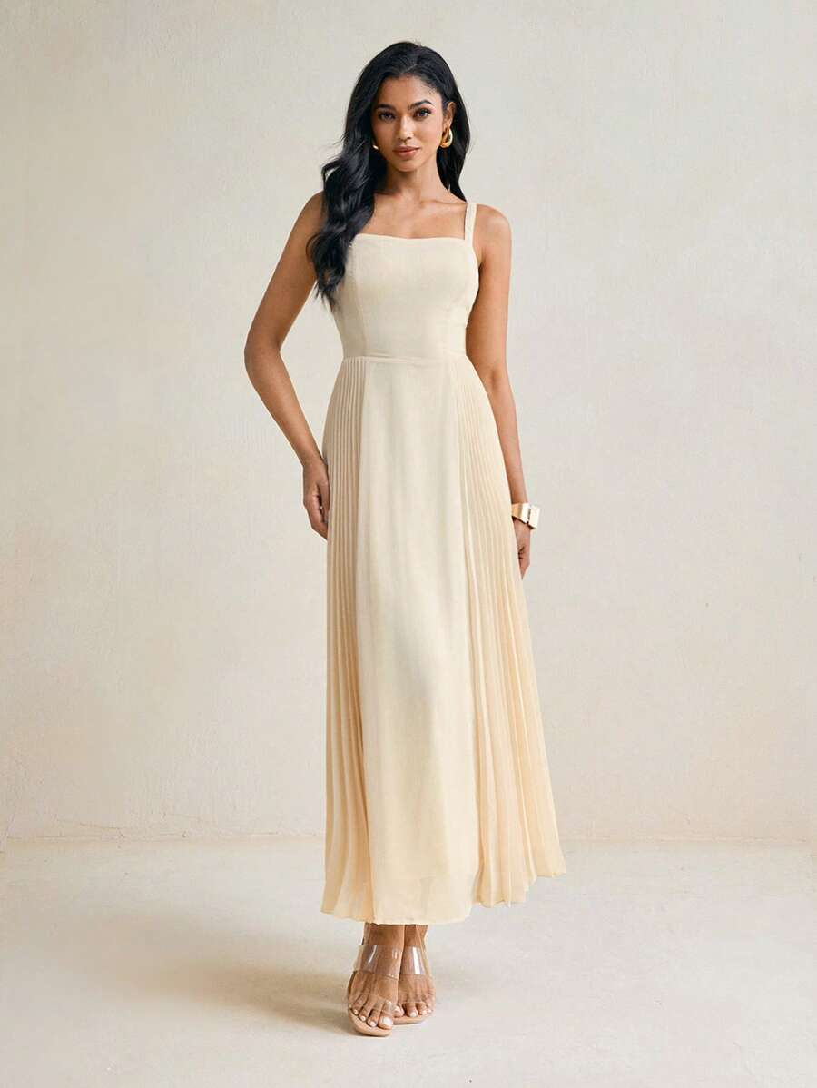 Harshal Khanderia 女士米色夏季纯色雪纺褶皱优雅长裙女士假日度假连衣裙 - 卡其色 - 查看 1