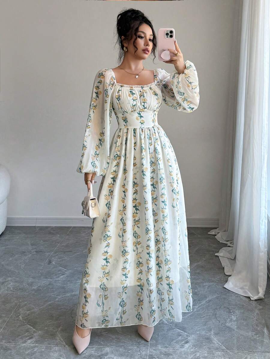 Modelyn Women Elegant Vertical Striped Square Neck Cinched Waist A-Line Dress, Spring/Summer - Yellow - View 1