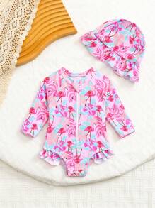 SHEIN Newborn Baby Tropical Plants Print Long Sleeve Romper Swimsuit