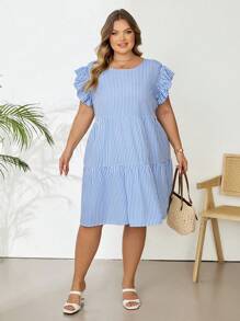 SHEIN CURVE+ Plus Striped Print Ruffle Trim Smock Summer Dress Boho Vacation - Blue and White - View 7