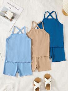 2pcs/Set Young Girl Spring/Summer Casual Sleeveless Top & Solid Color Sports Shorts Set, Toddler/Children - Multicolor - View 3