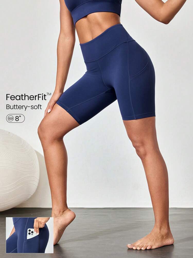 8-Zoll FeatherFit™ Radlerhose mit hoher Taille und Tasche, geeignet für Radfahren, Laufen, Fitness, Training, Sommer