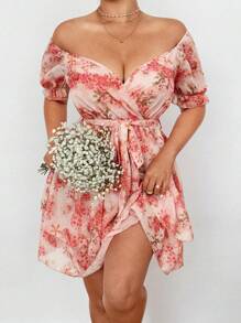 Flirla Plus Size Floral Print Cross Neck Chiffon Elastic Waist A-Line Long Sleeve Dress