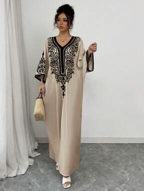 Rafferiza Damen V-Ausschnitt Kleid mit platziertem Muster und Fledermausärmeln mit Seitenschlitz