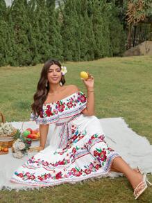 SHEIN LUNE Váy Maxi Maxi Họa Tiết Hoa Dáng Chữ A Hở Vai Size Lớn Dành Cho Nữ - trắng - Xem 4