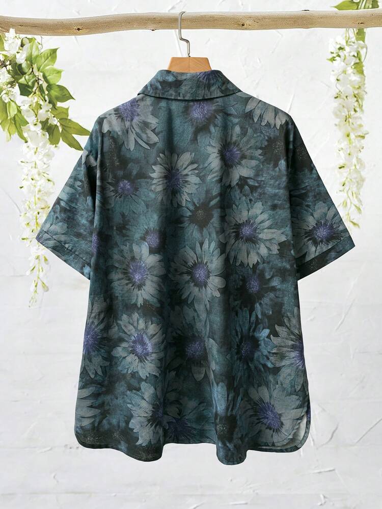 Women Sunflower Print Short Sleeve Single Breasted Loose Casual Shirt