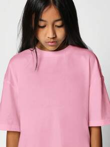 SUMWON 超大款休闲T恤，夏季周末宽松版型，基础款必备棉混纺圆领落肩设计，街头风运动舒适服，适合青少年、年轻人和成人度假穿着。 - 粉色 - 查看 3