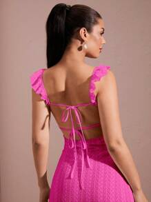 SHEIN BAE Sexy Hollow-Out Crochet Textured Ruffle Trim Cap Sleeve Open Back Lace-Up Dress, Elegant, Summer