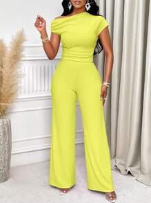 SOLERSUN 纯色不对称领口褶皱修身 T 恤和阔腿裤 - 黃色 - 查看 4