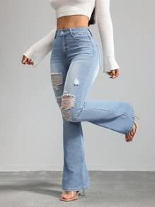 SHEIN Tall 女士牛仔裤 紧身弹力破洞喇叭裤 蓝色高腰紧身喇叭裤 牛仔裤 女式紧身裤 牛仔布 喇叭裤 紧身裤 女式紧身裤 喇叭裤 - 淺色水洗藍 - 查看 7