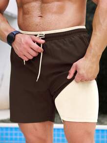ZELFYO Men 2 In 1 Drawstring Waist Swim Trunks Milk Silk Lining - Brown - View 3