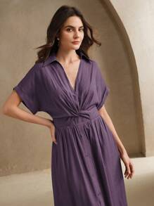 Anewsta Women's Spring/Summer Festival, Wedding Guest, Vacation Outfits V-Neck Single-Breasted Shirt Dress With Collar, Waist Twist Design, Long Dress - Purple - View 6
