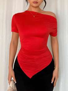 Rafferiza Women's Plain Color Fashionable Fitted Asymmetric Neck Ruched T-Shirt, Red Top - Red - View 4