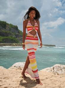 Opulessa 女士性感露背 V 领无袖金属装饰带腰部镂空开衩紧身针织连衣裙，适合度假、海滩派对、约会穿着 - 彩色 - 查看 6