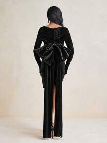 CHRISTIAN SPINELLI Váy dự tiệc mini nhung đen cổ chữ V viền bất đối xứng tay dài nơ đuôi lớn gợi cảm, rave, váy dạ hội - màu đen - Xem 1