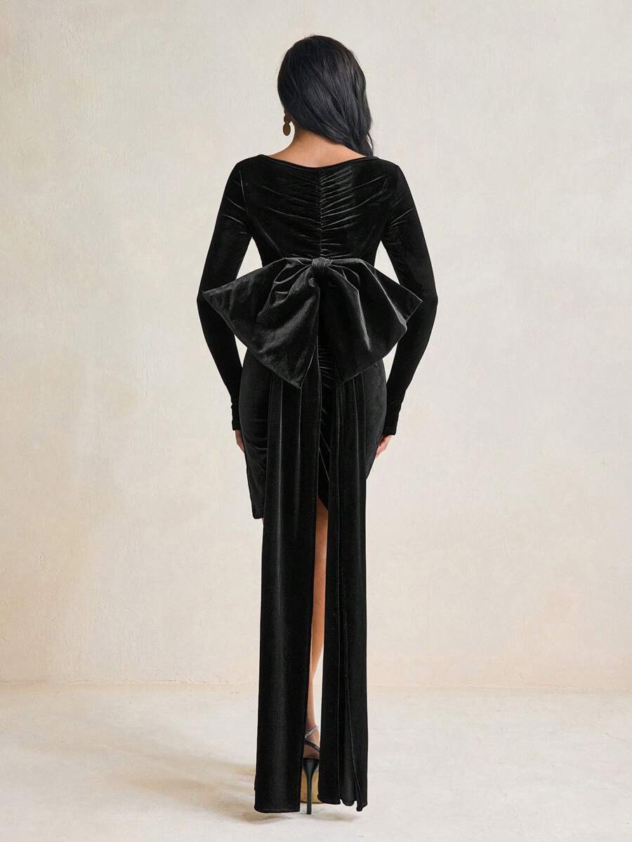 CHRISTIAN SPINELLI Váy dự tiệc mini nhung đen cổ chữ V viền bất đối xứng tay dài nơ đuôi lớn gợi cảm, rave, váy dạ hội - màu đen - Xem 1