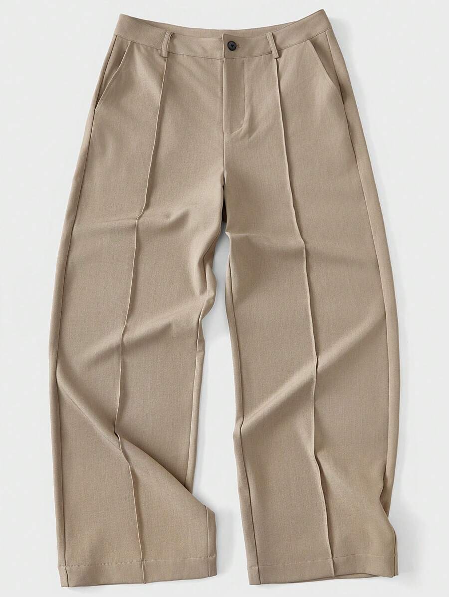 SHEIN Forever 21 Men's Straight-Leg Fitted Brown Trousers With Printed Letters On The Hem/Toothpick Pleat Design/Summer Trousers/Office Wear/Office Commuting/Formal/Western/Cocktail/Suit Trousers - Coffee Brown - View 1