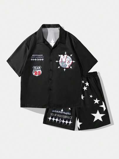 Street Life مجموعة من قميص كم قصير مطبوع عليه حرف وشورت قطعتين، مناسب للارتداء اليومي في الربيع/الصيف