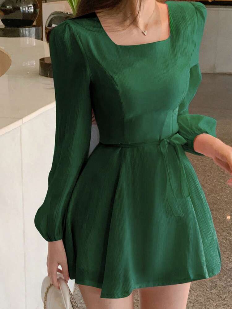 Women Small Square Collar Long Sleeve Short Dress, Pink, Spring/Summer/Autumn Sundress