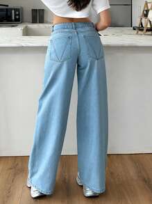 EURMUSE Quần Jeans Ống Rộng Có Túi Sau Lưng Cạp Thấp - Rửa nhẹ - Xem 2