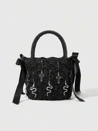 Goth Borsa da donna in stile gotico con motivi a croce, serpente e fiocco intrecciato, perfetta per Ognissanti e feste in maschera, ideale per abbinare i costumi di Ognissanti