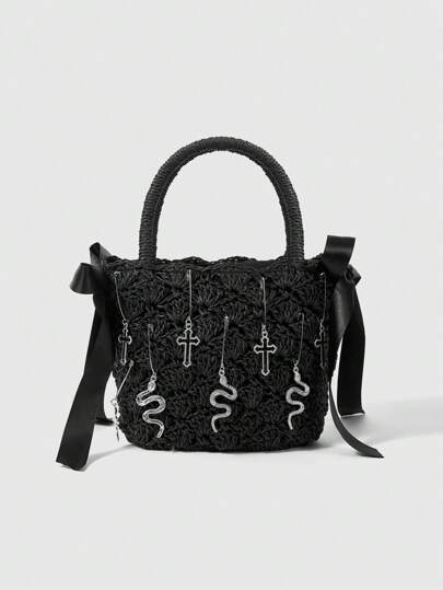 Goth Gotischer Stil Kreuz, Schlange & Schleife gewebte Damen Handtasche, Halloween, perfekte Halloween Taschen für Kostümpartys zum Kombinieren mit Halloween Kostümen