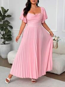SHEIN Clasi Plus Size Square Neck, Ruffle Trim, Puff Sleeve, Pleated A-Line Dress, Elegant Vintage Style For Spring/Summer Vacation, Wedding, Party, Bridesmaid - Pink - View 8