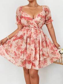 Flirla Plus Size Floral Print Cross Neck Chiffon Elastic Waist A-Line Long Sleeve Dress