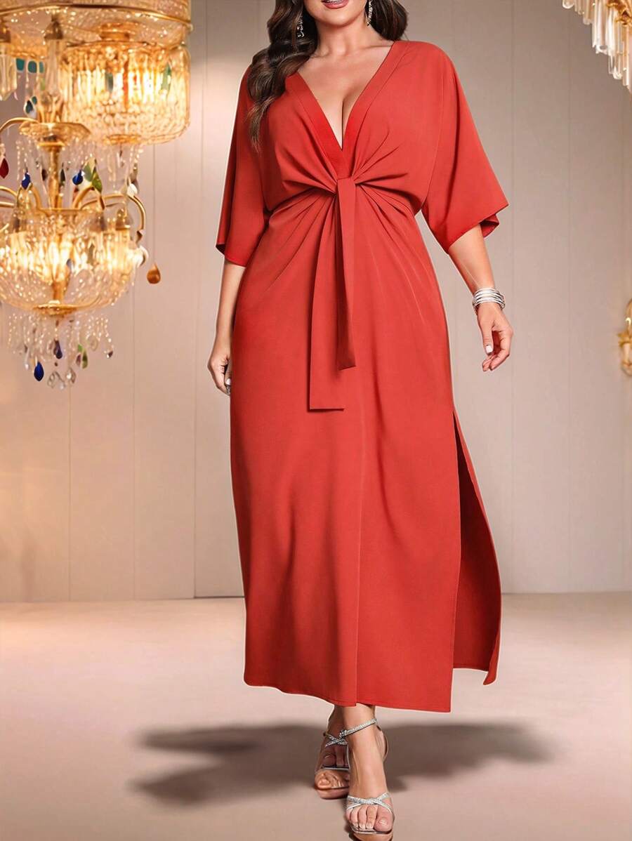 SHEIN Belle Long Waist Cinched Solid Color Simple Stylish Casual Everyday Dress - Burnt Orange - View 1