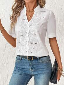 SHEIN Clasi 优雅女士刺绣 V 领短袖衬衫