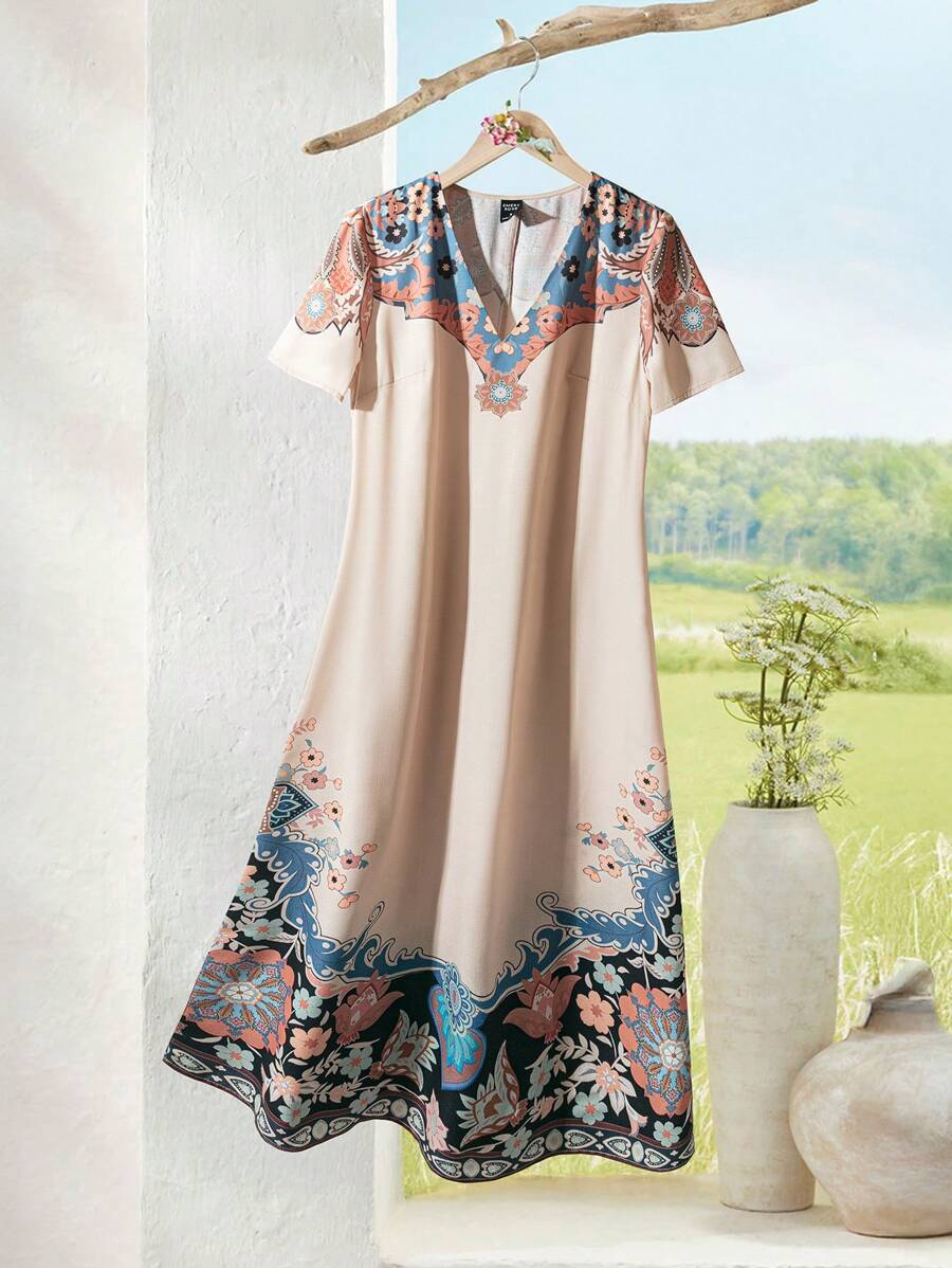 EMERY ROSE Vestido con cuello en V y manga corta con estampado floral, para usar de vacaciones - Albaricoque - Ver 1