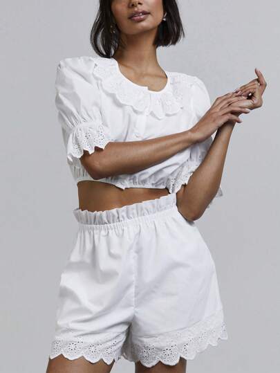 Athîral 2pcs/Set Women Broderie Anglaise Trim Cotton Cropped Shirt And Shorts Set, Old Money Aesthetic