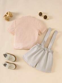 SHEIN French Retro Gentleman Style Toddler Boys 2pcs Set: Plaid Short Sleeve Shirt + Bib Shorts, Casual Fashion Spring/Summer - Orange - View 2