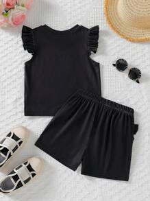 Set de 2 piezas de Top de manga corta con estampado de corazón colorido y falda corta con decoración de moño para niña, conjunto de vestir de verano